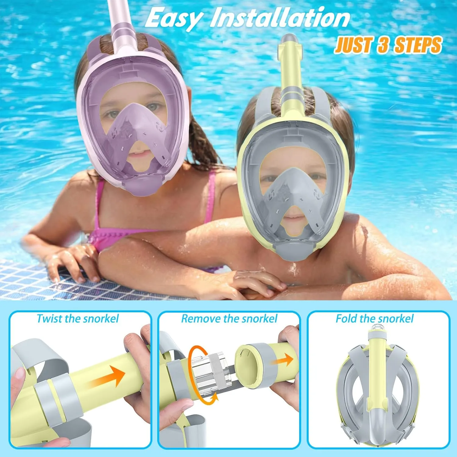 Greatever Snorkeling Gear for Kids，Ideal Gifts of Kids Snorkel Mask，Full Face Snorkel Mask Kids with Camera Mount，Safe Breathing for Enchanting Travel