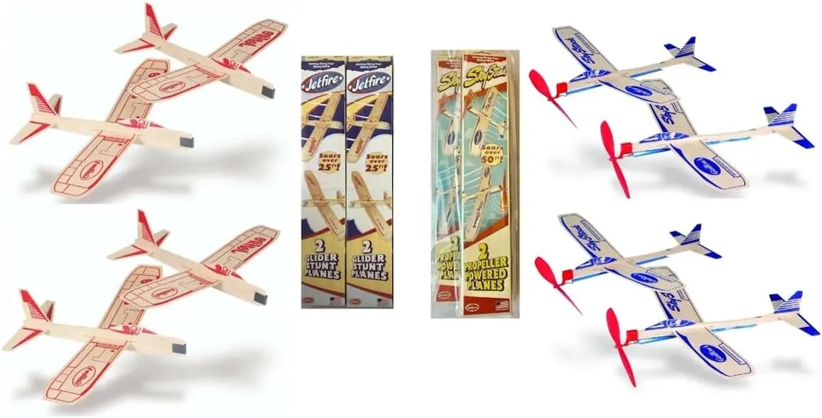 Guillows Balsa Wood Gliders Jetfire Twin Pack & Sky Streak Twin Pack Gift Set Bundle - (4 Planes Total) by Guillow