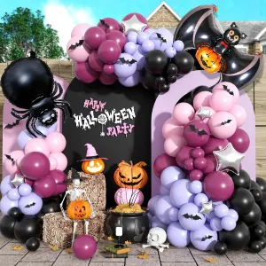 Halloween Balloons Garland Kit, Black Wine Red Balloons Arch Kit with Spider Bat Pumpkin Skull Foil Balloon, Pink Purple Macaron Balloons with 3D Fake Bats For Halloween Party Home Garden Decorations