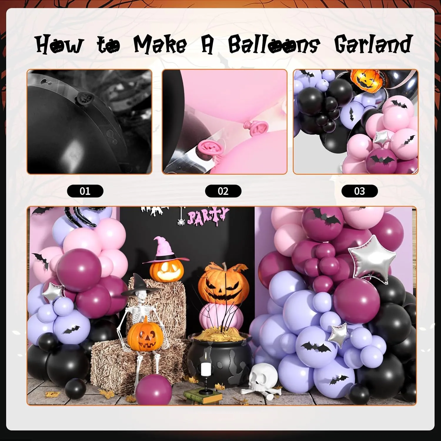 Halloween Balloons Garland Kit, Black Wine Red Balloons Arch Kit with Spider Bat Pumpkin Skull Foil Balloon, Pink Purple Macaron Balloons with 3D Fake Bats For Halloween Party Home Garden Decorations