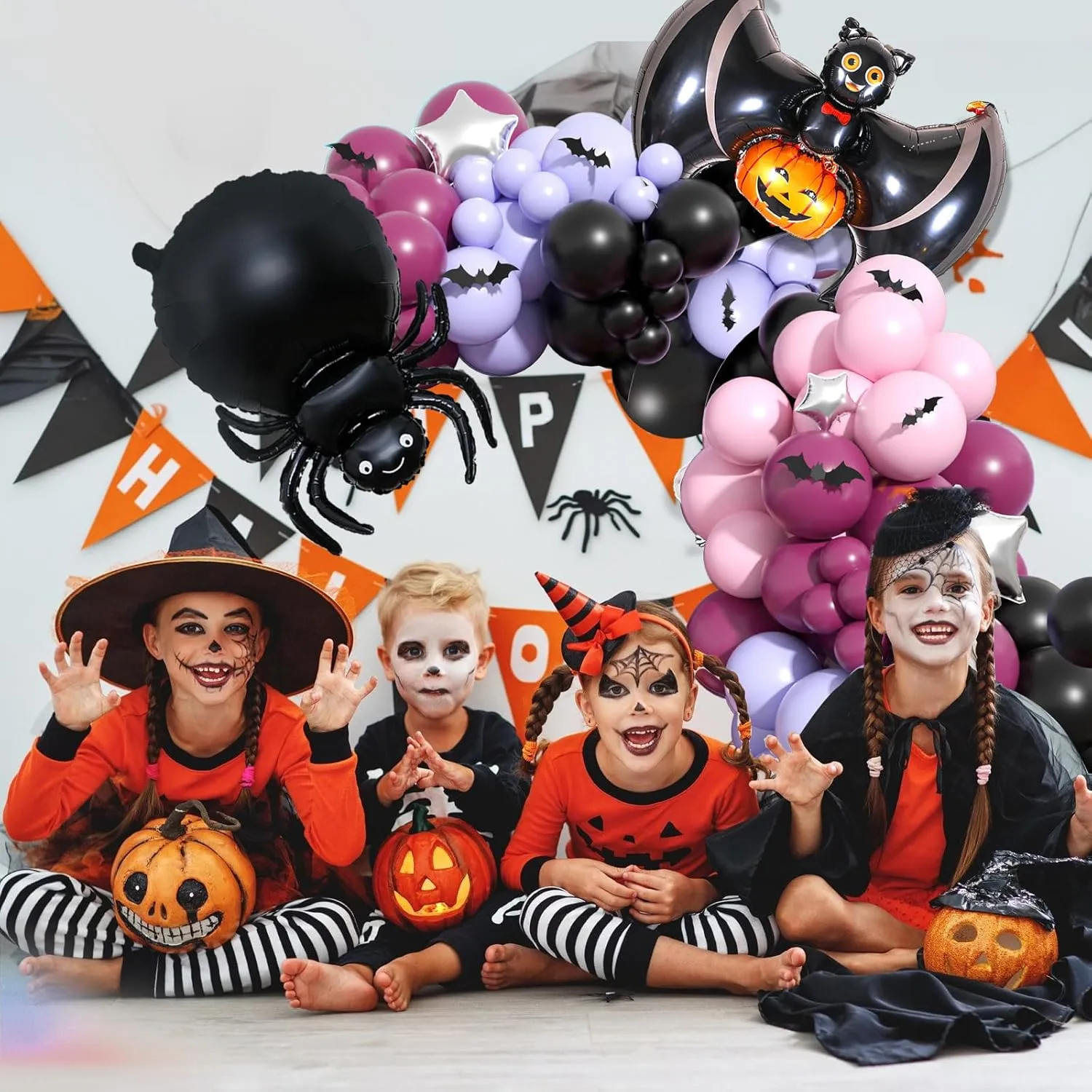 Halloween Balloons Garland Kit, Black Wine Red Balloons Arch Kit with Spider Bat Pumpkin Skull Foil Balloon, Pink Purple Macaron Balloons with 3D Fake Bats For Halloween Party Home Garden Decorations