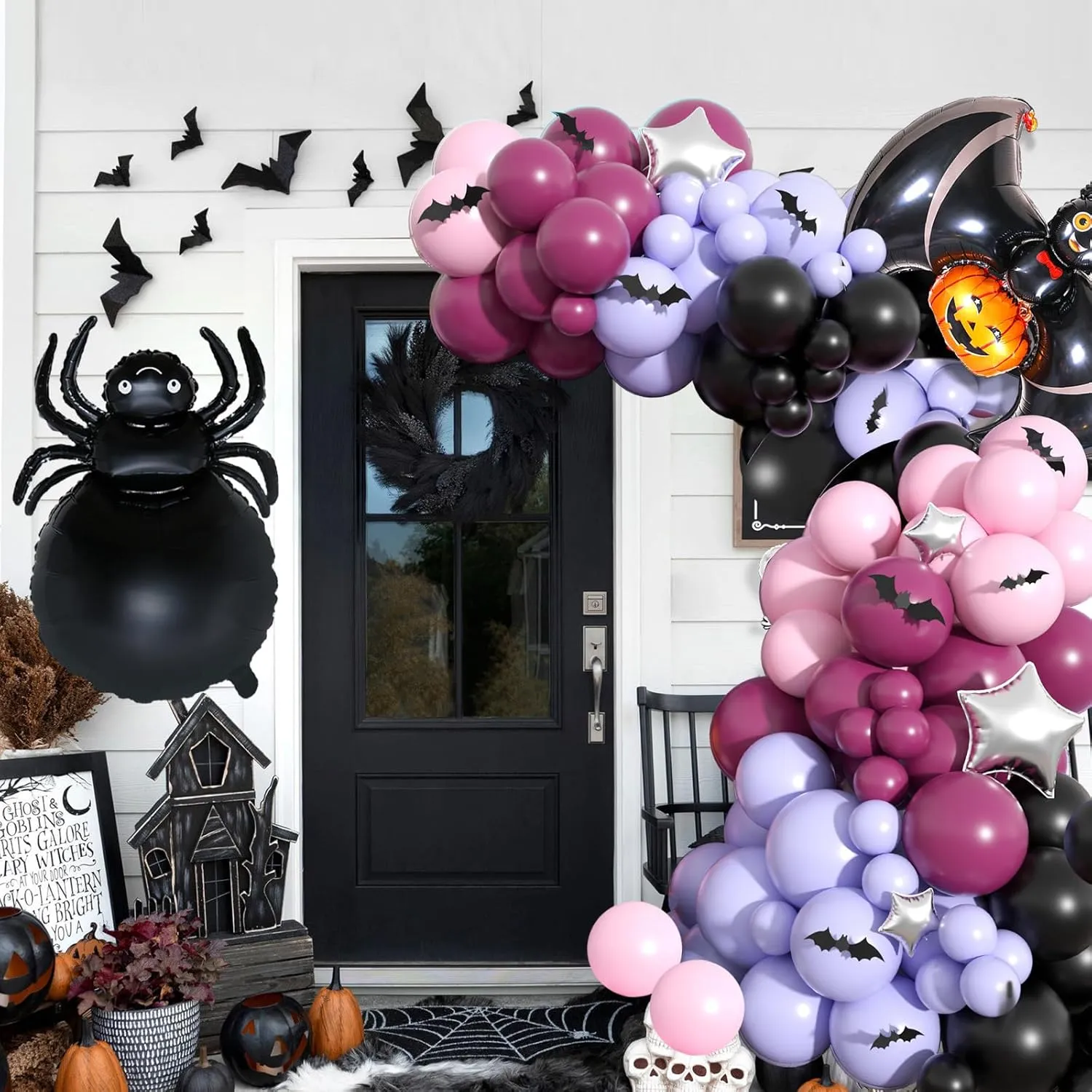 Halloween Balloons Garland Kit, Black Wine Red Balloons Arch Kit with Spider Bat Pumpkin Skull Foil Balloon, Pink Purple Macaron Balloons with 3D Fake Bats For Halloween Party Home Garden Decorations