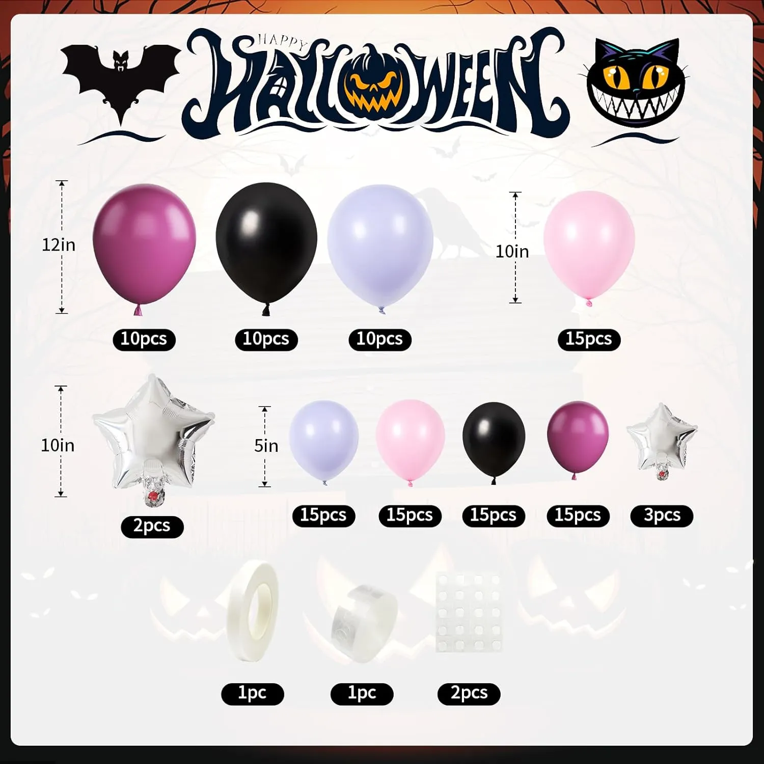 Halloween Balloons Garland Kit, Black Wine Red Balloons Arch Kit with Spider Bat Pumpkin Skull Foil Balloon, Pink Purple Macaron Balloons with 3D Fake Bats For Halloween Party Home Garden Decorations