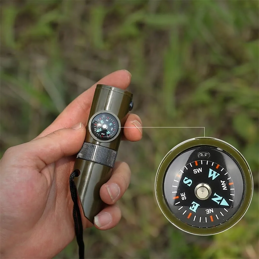 HBJWOV Survival Kit Whistle Multi-Functional Portable Emerncy Compass Magnifying Glass Flashlight Thermometer