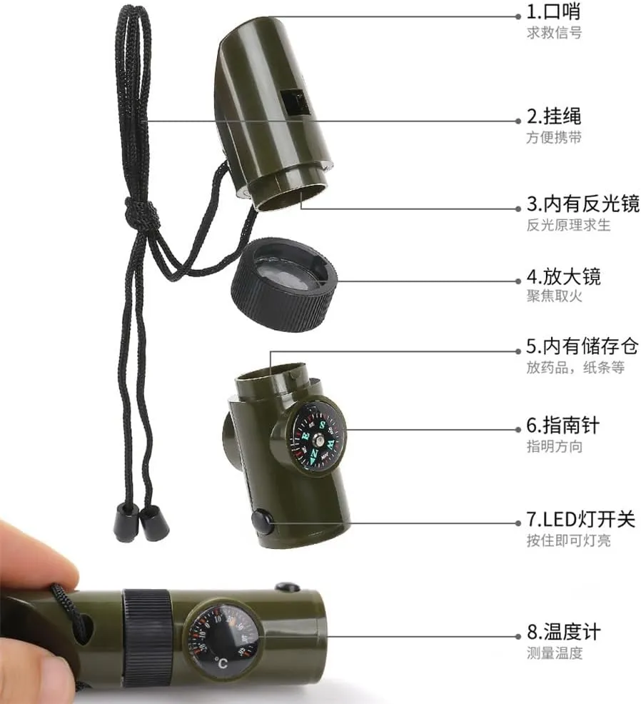 HBJWOV Survival Kit Whistle Multi-Functional Portable Emerncy Compass Magnifying Glass Flashlight Thermometer