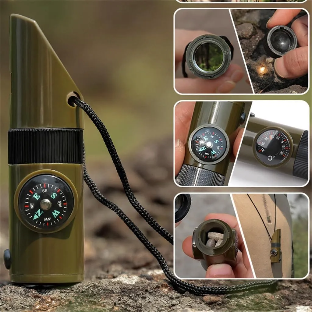 HBJWOV Survival Kit Whistle Multi-Functional Portable Emerncy Compass Magnifying Glass Flashlight Thermometer