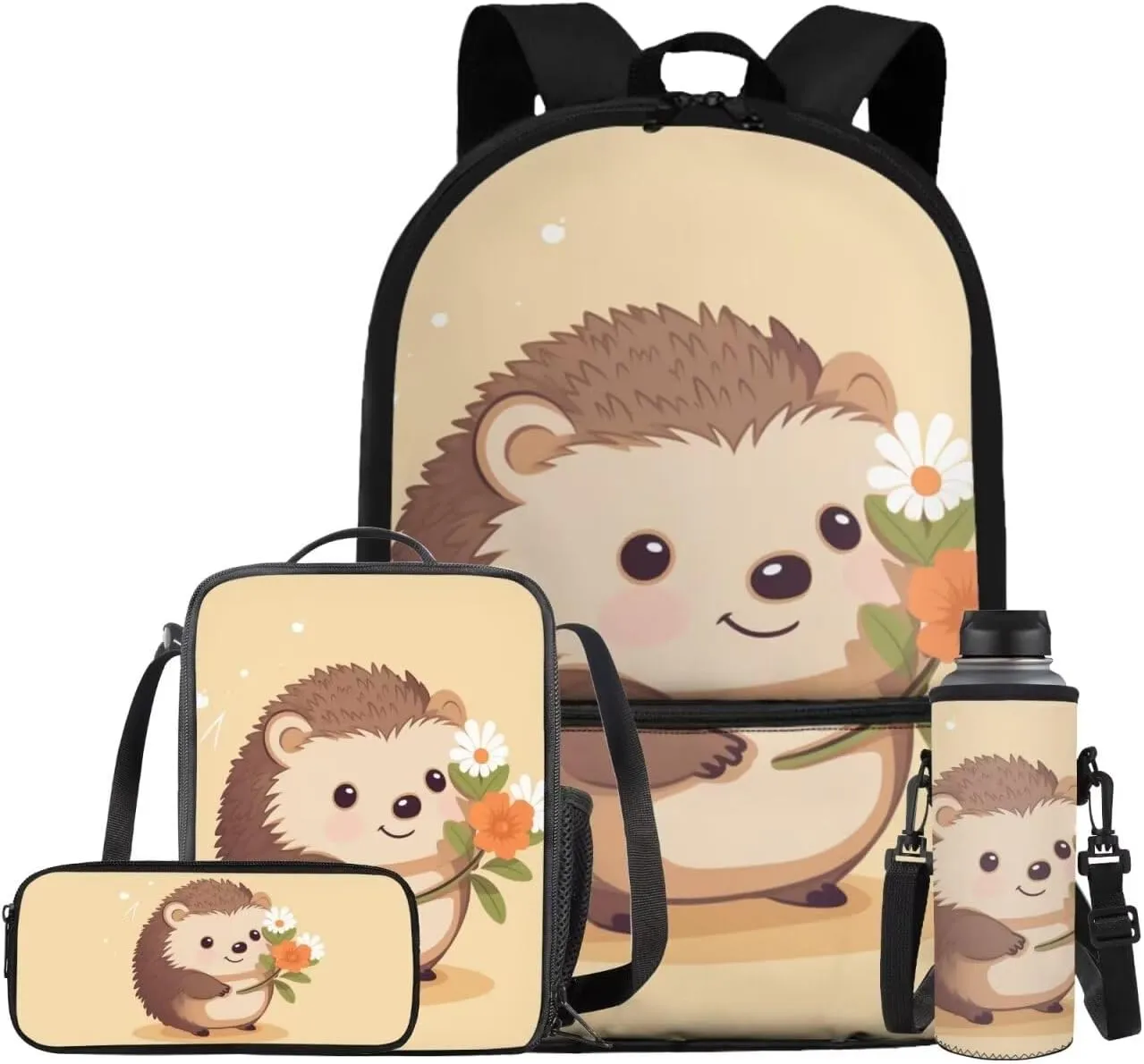 Hedgehog 4Pc Backpack Set for Girls Multi-Functional Crossbody School Bag for Teen Girl Portable Food Bag for Travel Work Office Climbing School 4pack