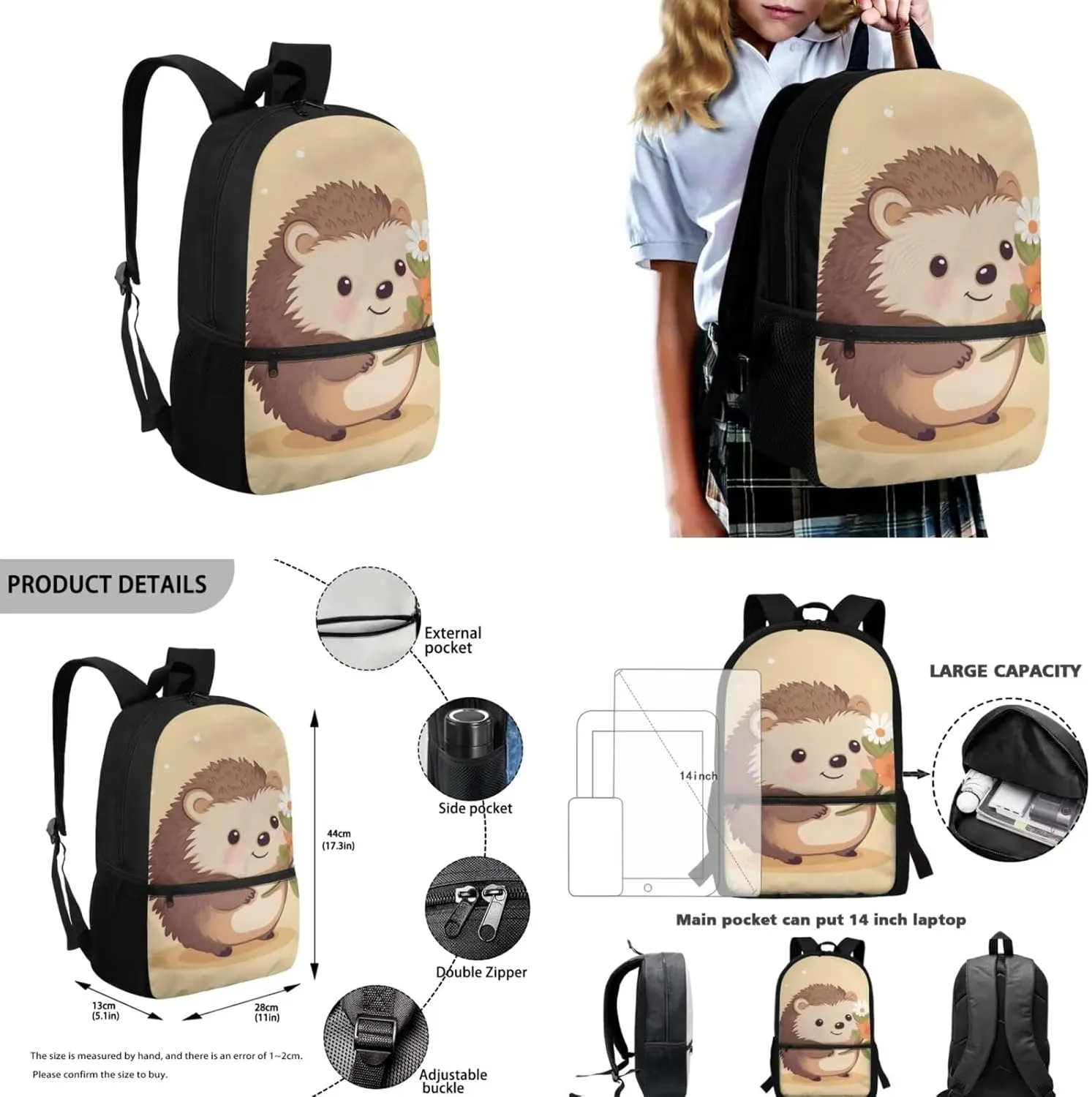 Hedgehog 4Pc Backpack Set for Girls Multi-Functional Crossbody School Bag for Teen Girl Portable Food Bag for Travel Work Office Climbing School 4pack