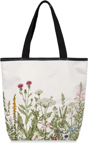 Herbaceous Plants Leaves Flowers Canvas Tote Bag for Women Men Canvas Handbag Shoulder Tote Bag with Zipper Closure Reusable Grocery Bag Shopping Cloth Bag with Handles for Beach Gym Picnic