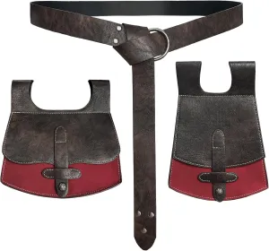 HiiFeuer 3PCs Medieval Faux Leather Belt with Vintage Handmade Belt Bag and Retro Knight Waist Bag, Renaissance Belt Pouch Set (Brown C)