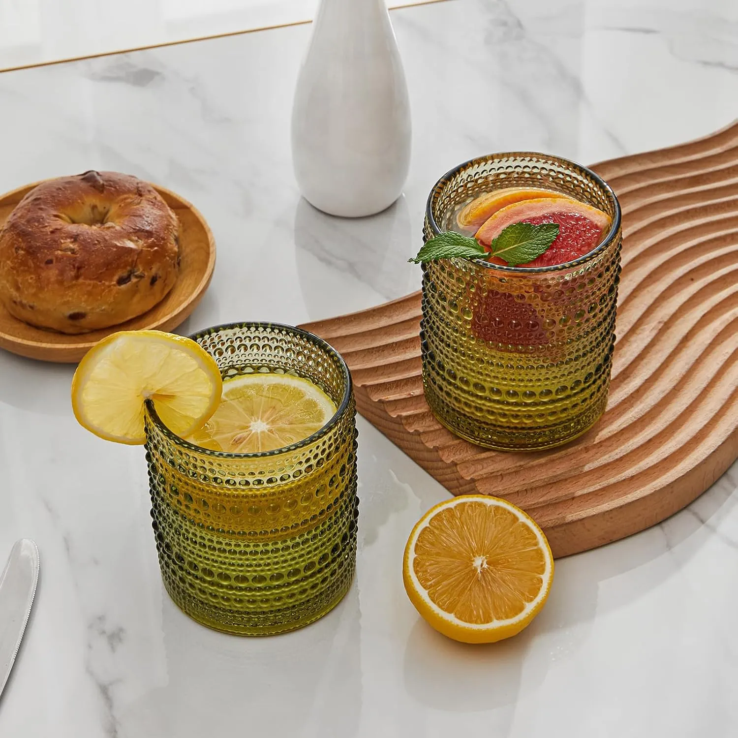 Hobnail Drinking Glasses Set of 6, 12 oz Vintage Glassware Set Cocktail Glass Set, Embossed Green Water Tumbler, for Beer, Whiskey, Juice and Various Mixed Drinks