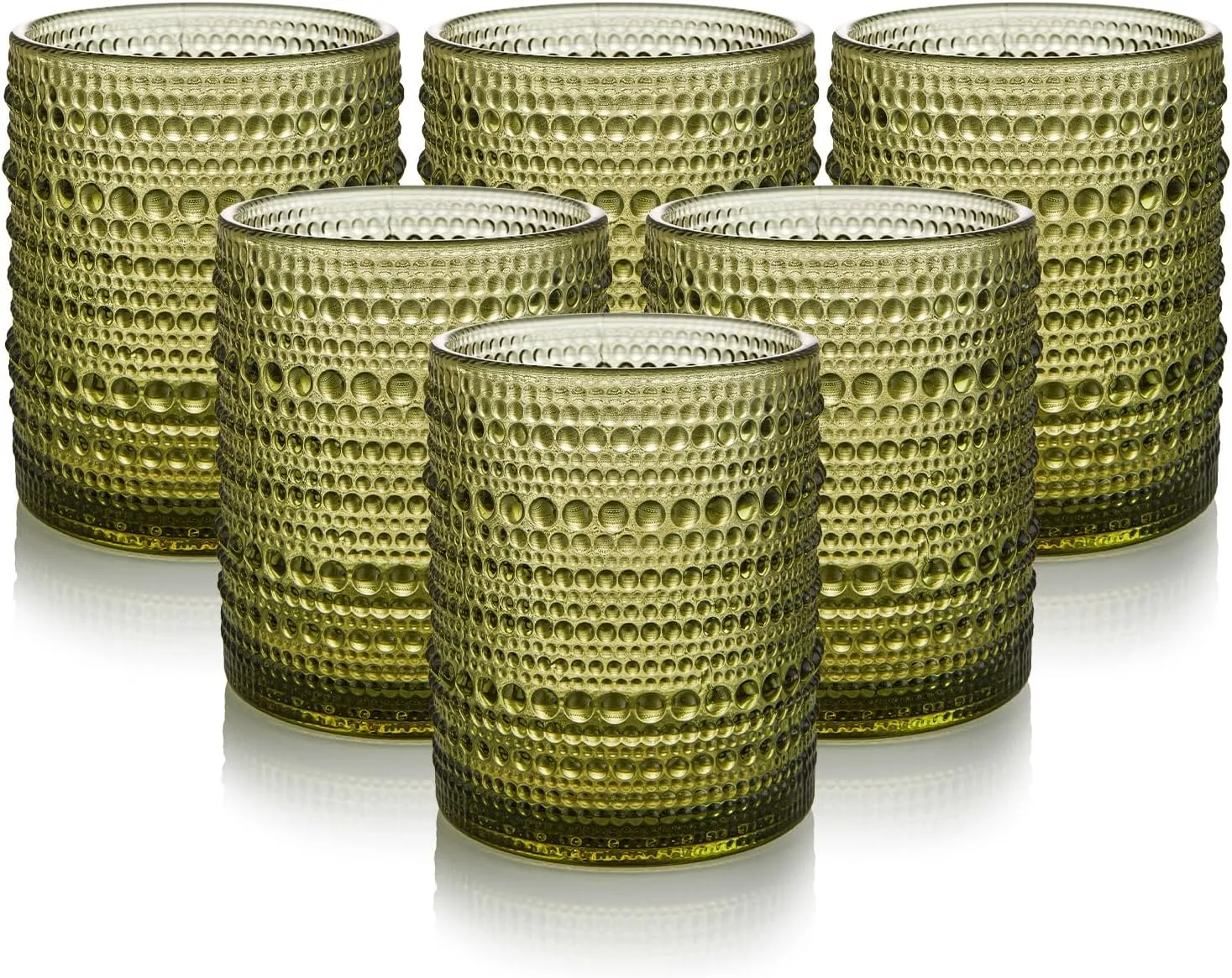 Hobnail Drinking Glasses Set of 6, 12 oz Vintage Glassware Set Cocktail Glass Set, Embossed Green Water Tumbler, for Beer, Whiskey, Juice and Various Mixed Drinks