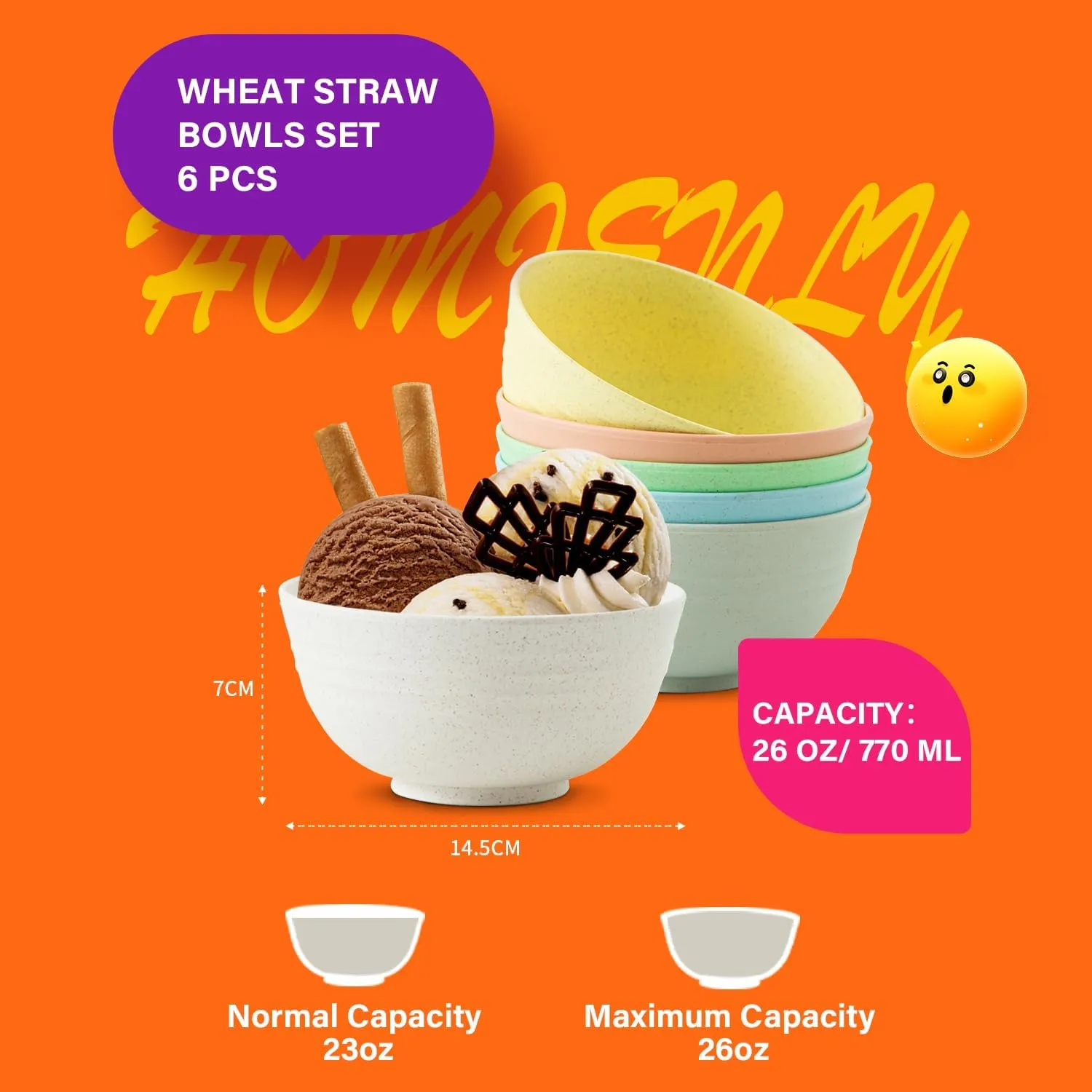 Homienly Wheat Straw Cereal Bowls, Unbreakable Bowls for Kitchen, Camping, Party, 26 OZ Alternative to Plastic Bowl Set of 6, Microwave and Dishwasher Safe Bowl Set for Snack, Soup (Macaron Series)