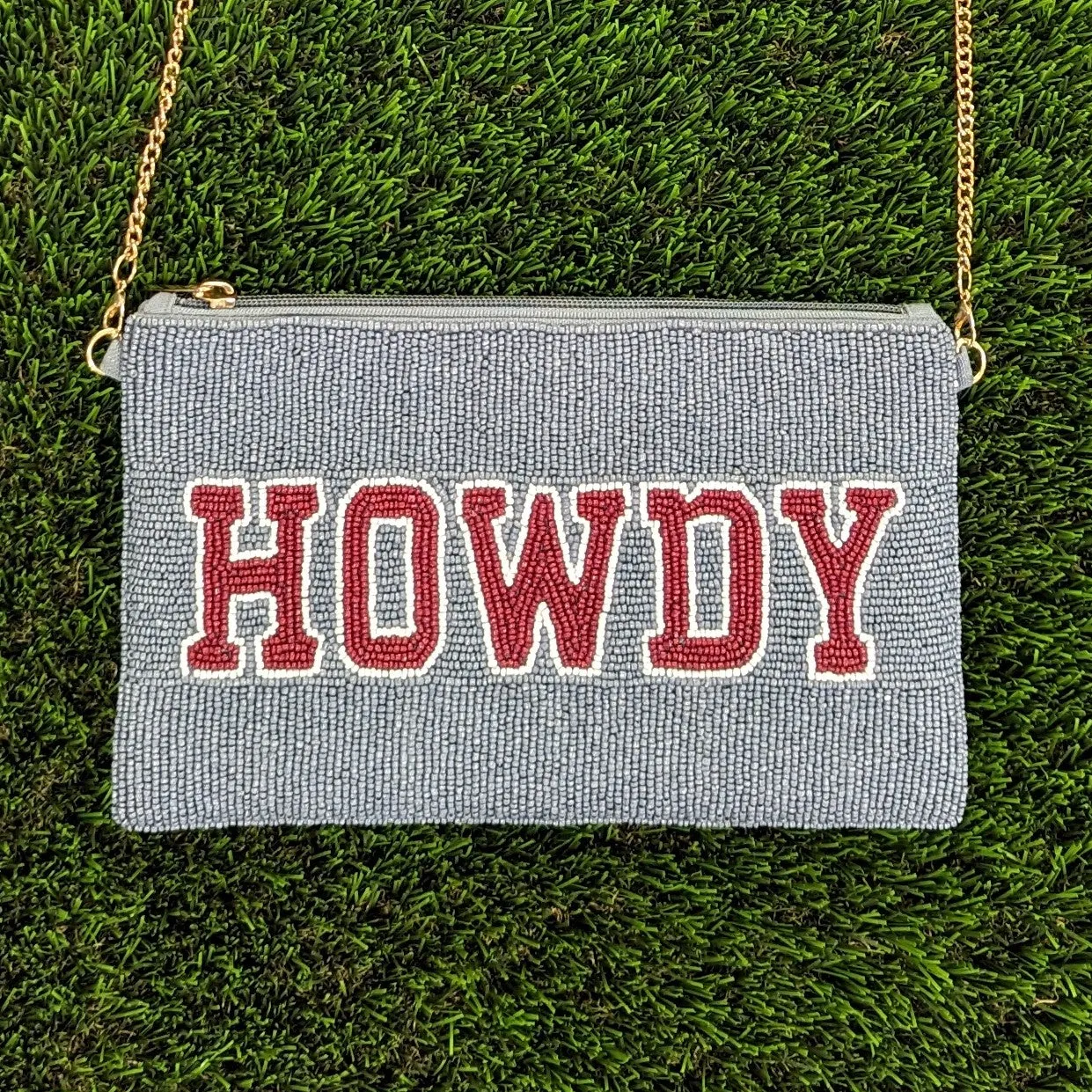 Howdy Beaded Crossbody Purse in Grey   Maroon