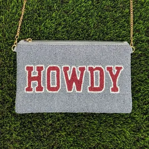 Howdy Beaded Crossbody Purse in Grey   Maroon