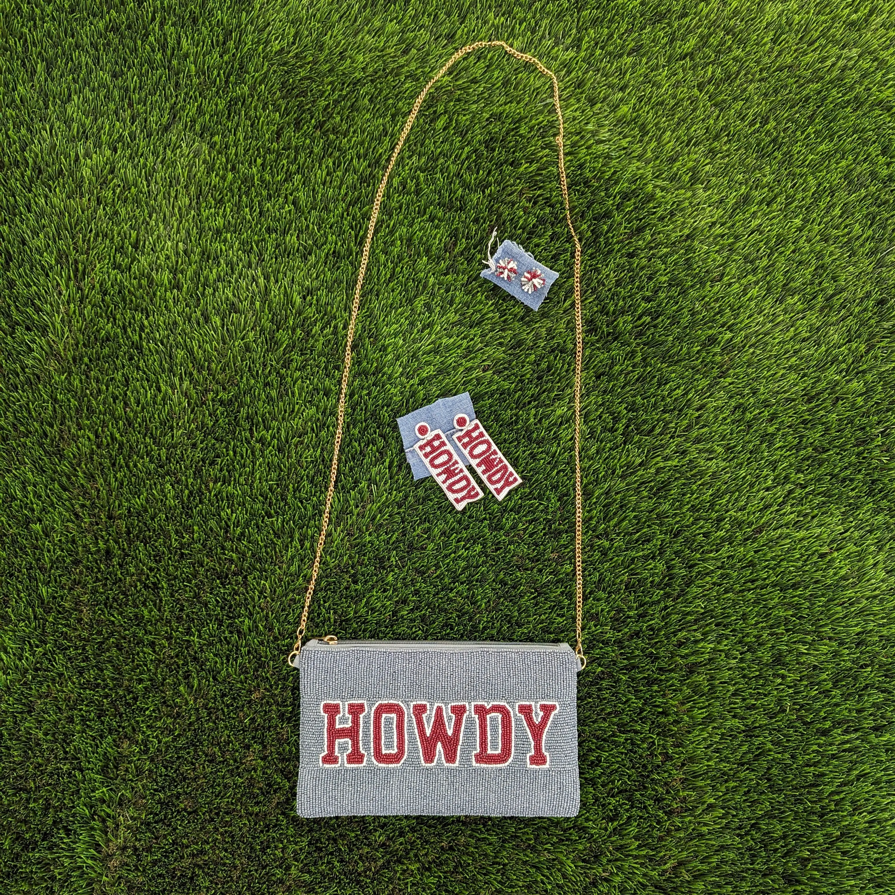 Howdy Beaded Crossbody Purse in Grey   Maroon