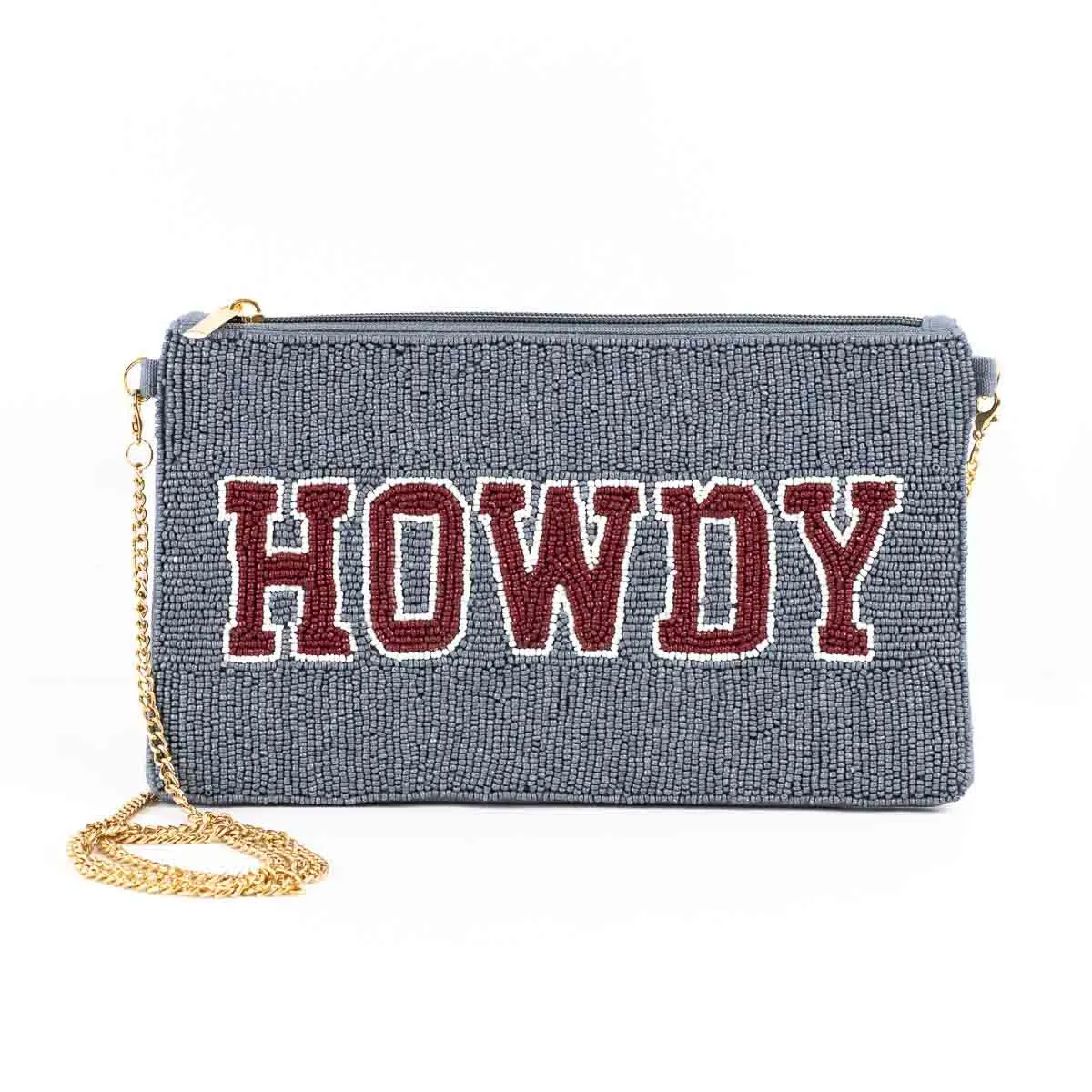 Howdy Beaded Crossbody Purse in Grey   Maroon
