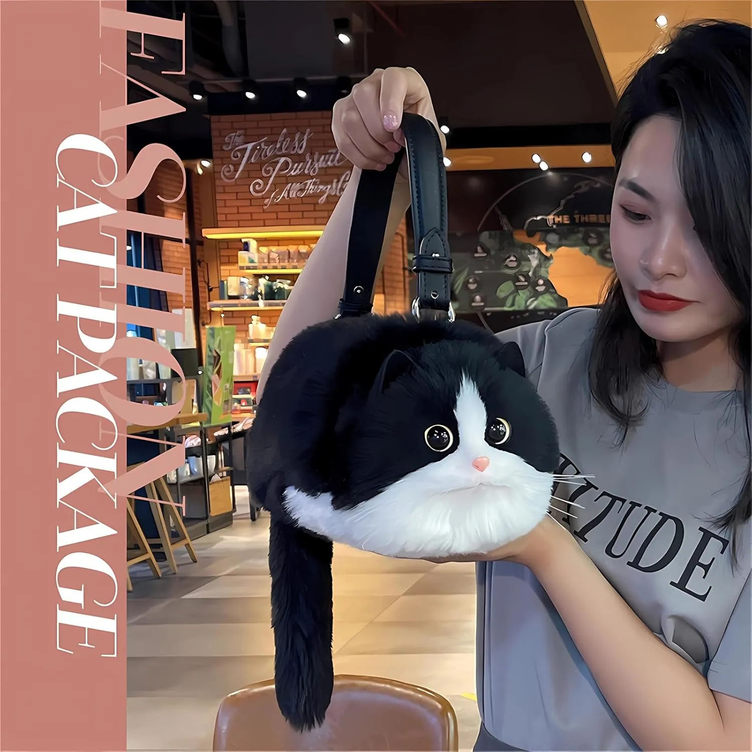 HUIJUFU Realistic Puffy Plush Cat Shaped Crossbody Handbag for Women