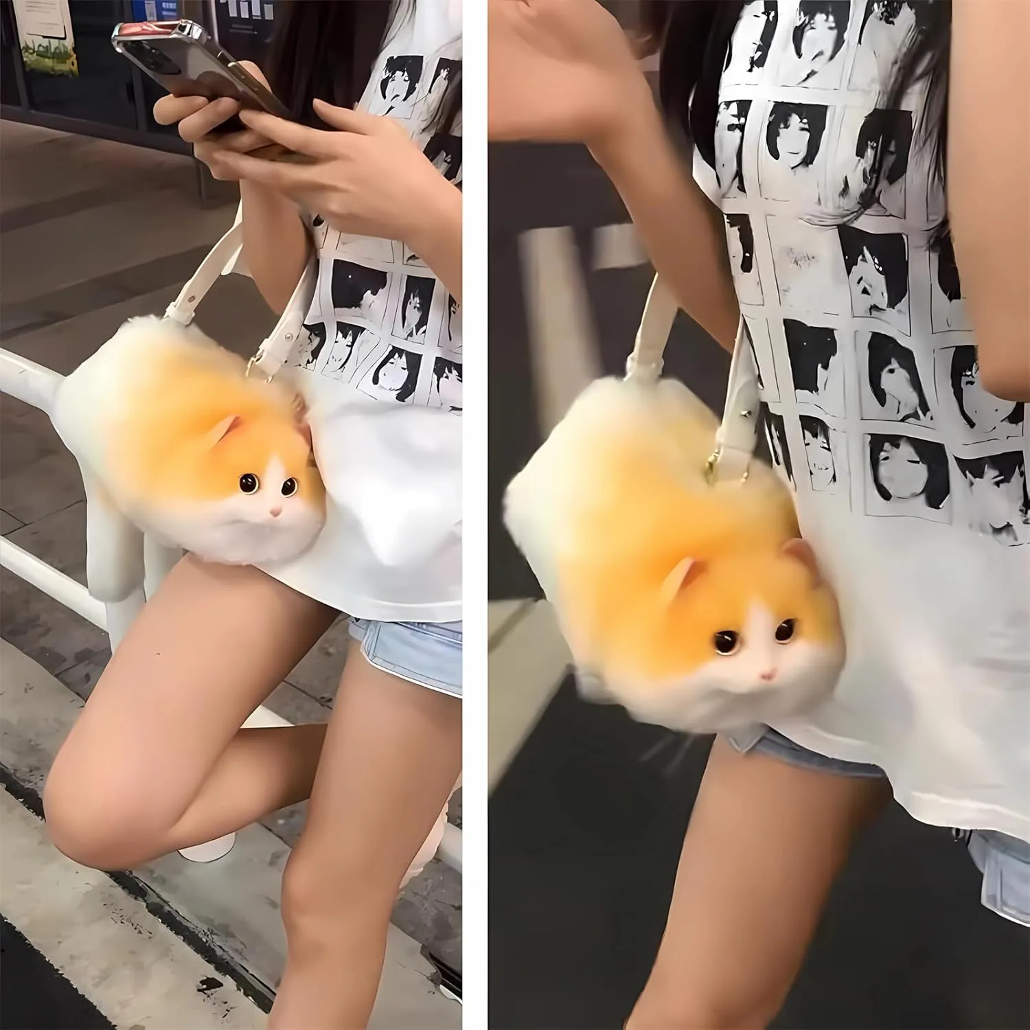 HUIJUFU Realistic Puffy Plush Cat Shaped Crossbody Handbag for Women