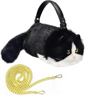 HUIJUFU Realistic Puffy Plush Cat Shaped Crossbody Handbag for Women