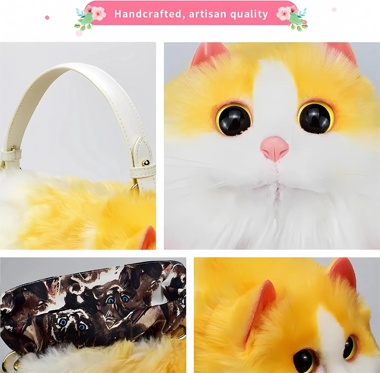 HUIJUFU Realistic Puffy Plush Cat Shaped Crossbody Handbag for Women