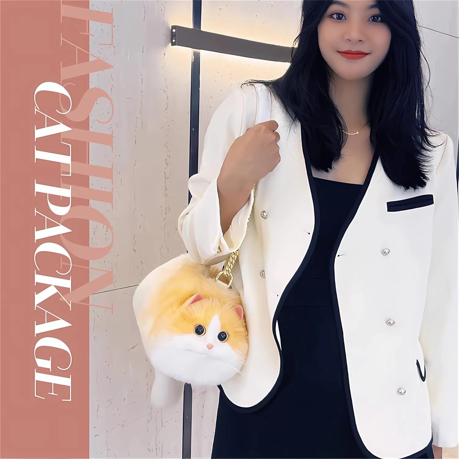 HUIJUFU Realistic Puffy Plush Cat Shaped Crossbody Handbag for Women