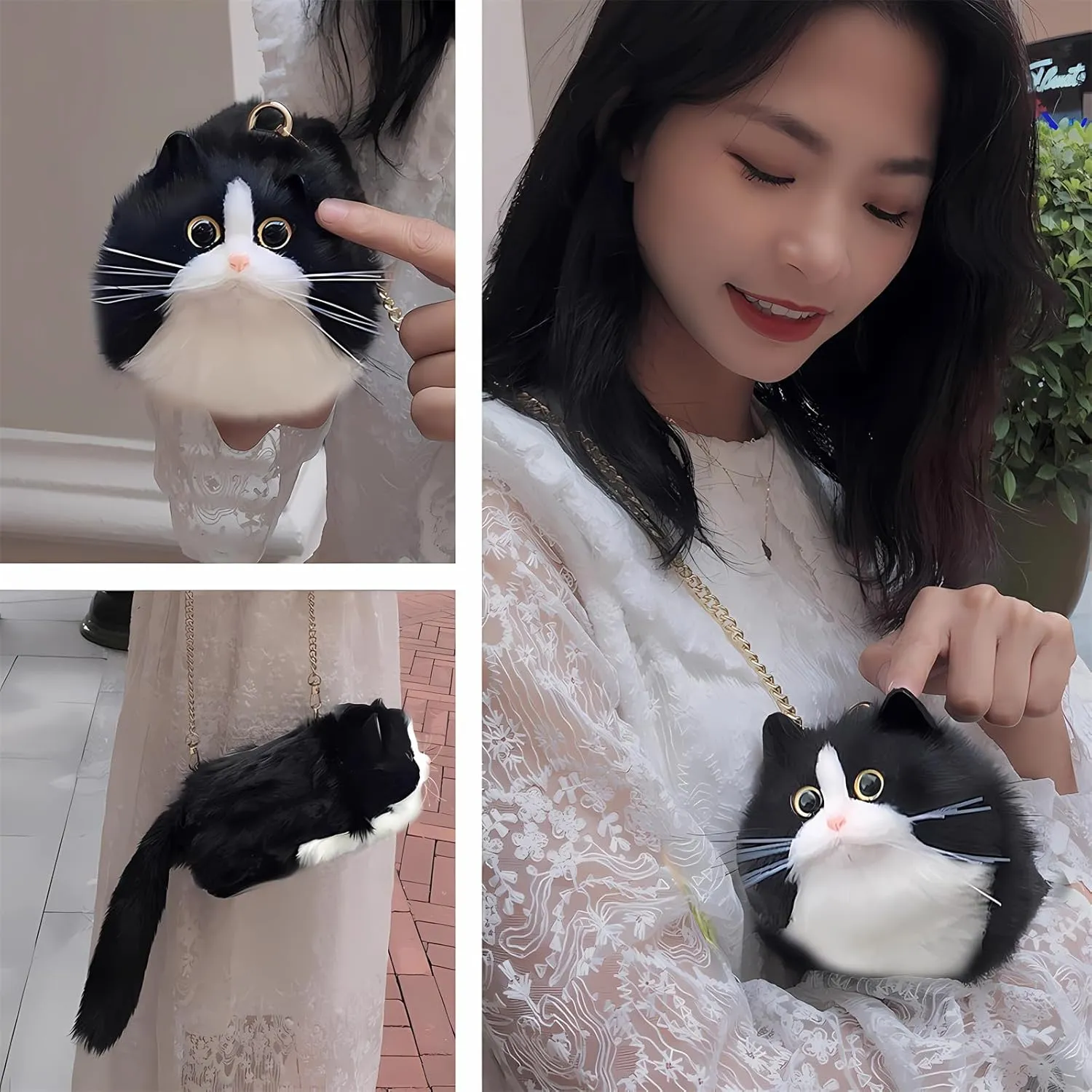 HUIJUFU Realistic Puffy Plush Cat Shaped Crossbody Handbag for Women