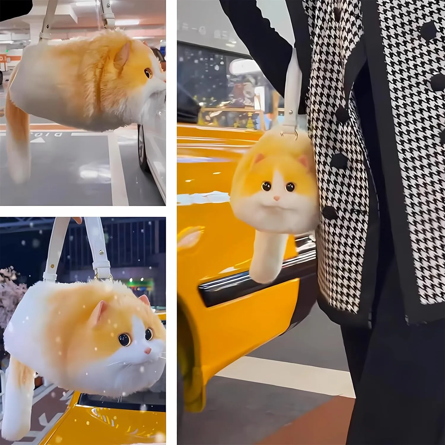 HUIJUFU Realistic Puffy Plush Cat Shaped Crossbody Handbag for Women