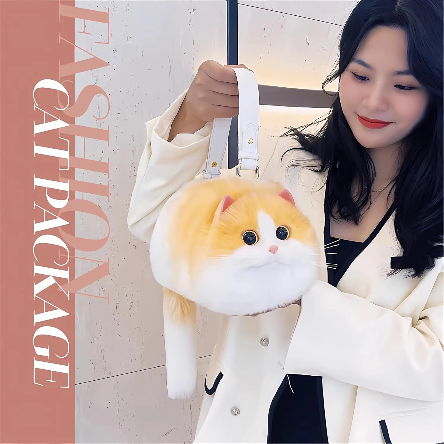 HUIJUFU Realistic Puffy Plush Cat Shaped Crossbody Handbag for Women