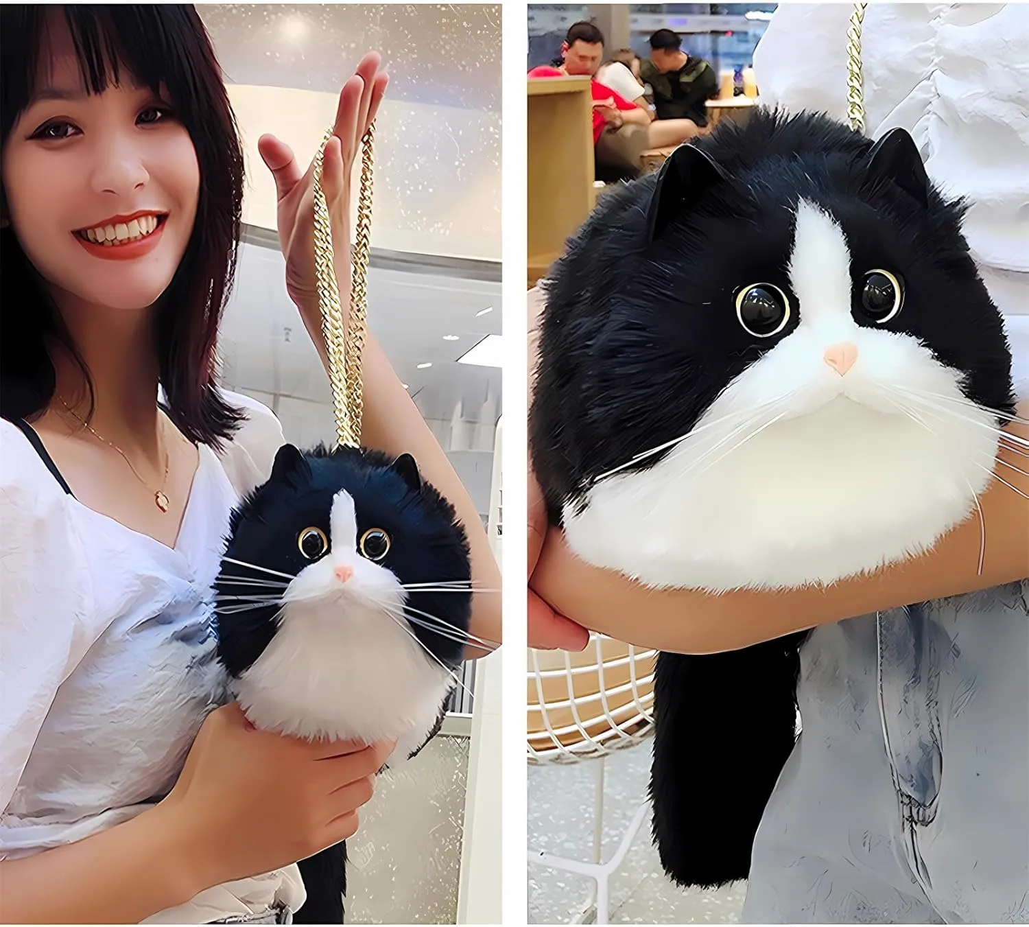 HUIJUFU Realistic Puffy Plush Cat Shaped Crossbody Handbag for Women