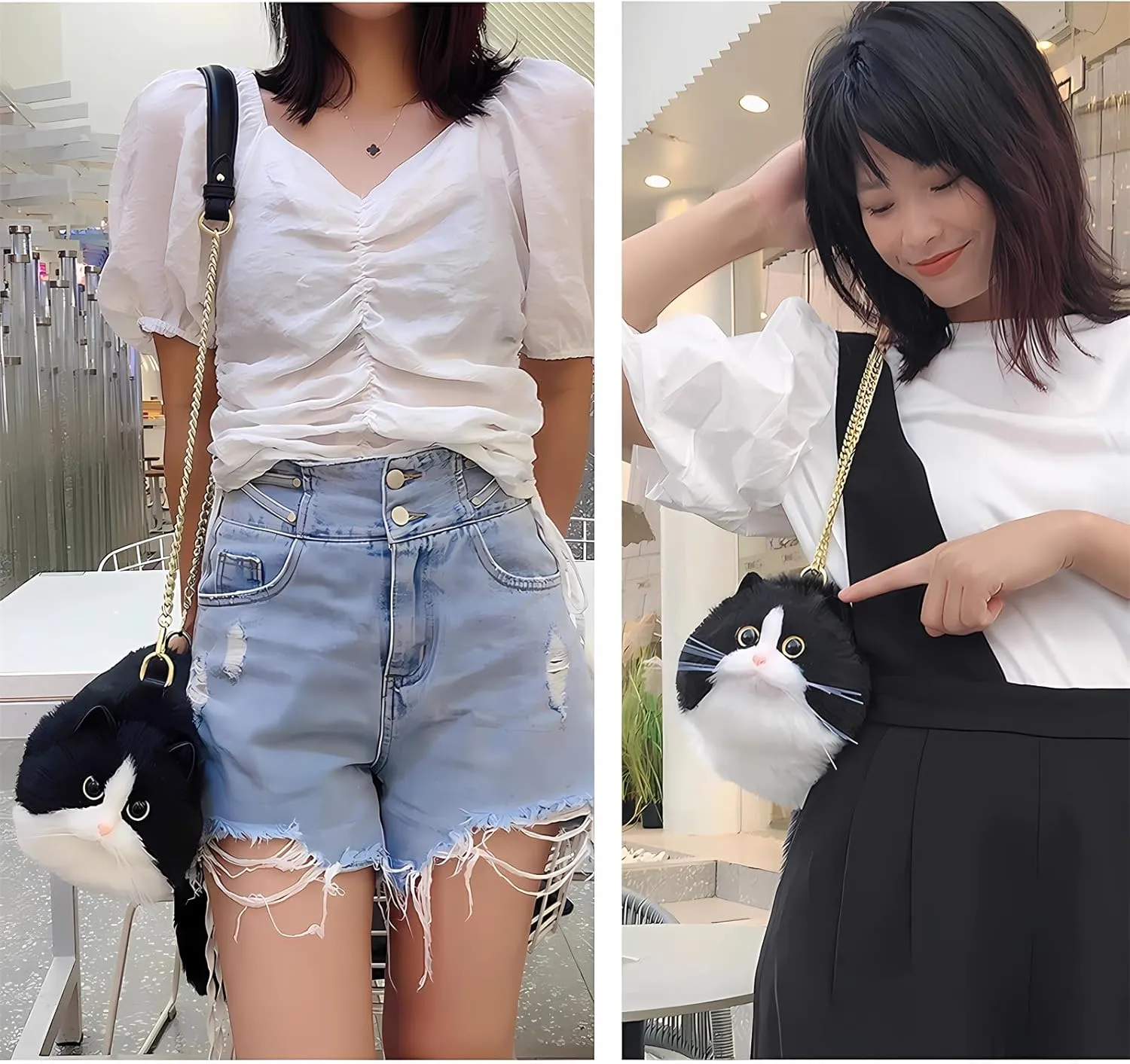 HUIJUFU Realistic Puffy Plush Cat Shaped Crossbody Handbag for Women