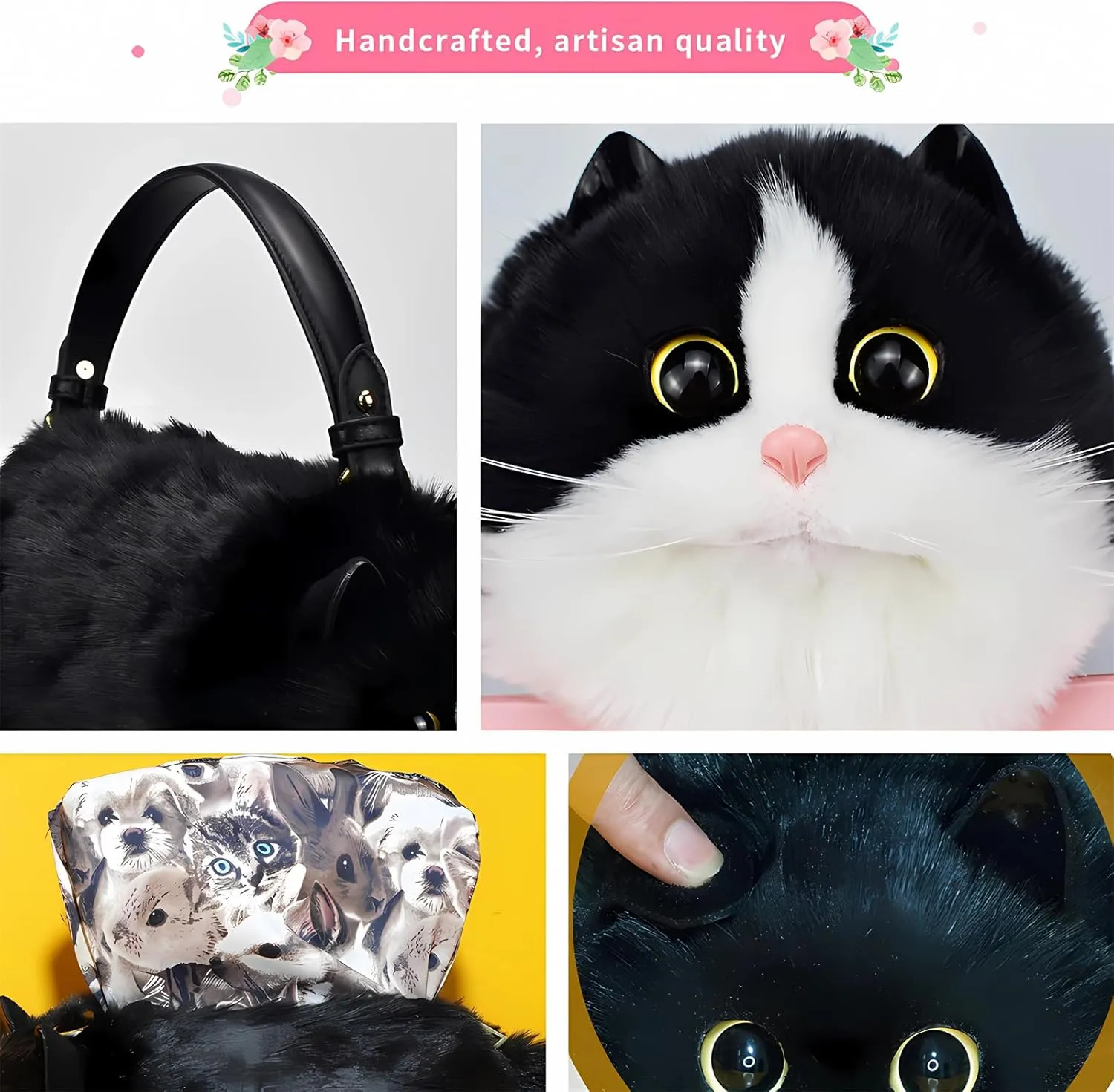 HUIJUFU Realistic Puffy Plush Cat Shaped Crossbody Handbag for Women