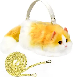 HUIJUFU Realistic Puffy Plush Cat Shaped Crossbody Handbag for Women