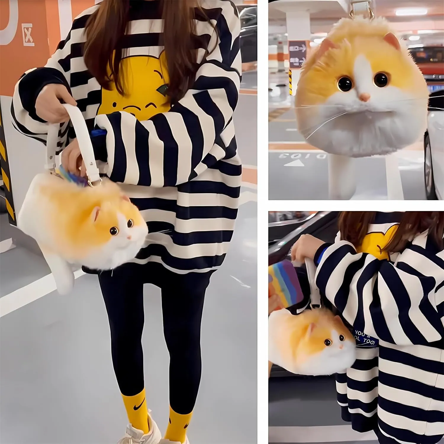 HUIJUFU Realistic Puffy Plush Cat Shaped Crossbody Handbag for Women