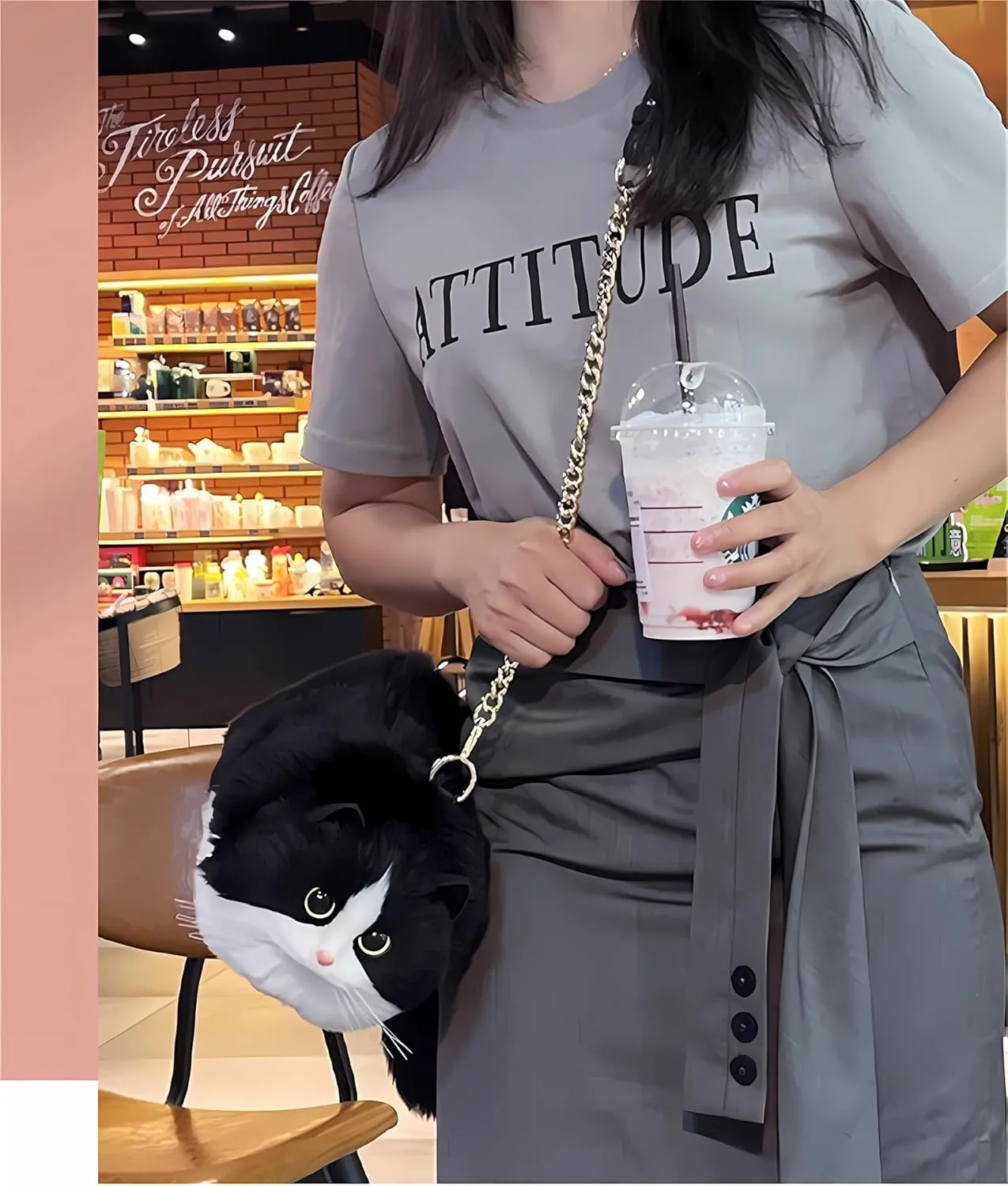 HUIJUFU Realistic Puffy Plush Cat Shaped Crossbody Handbag for Women