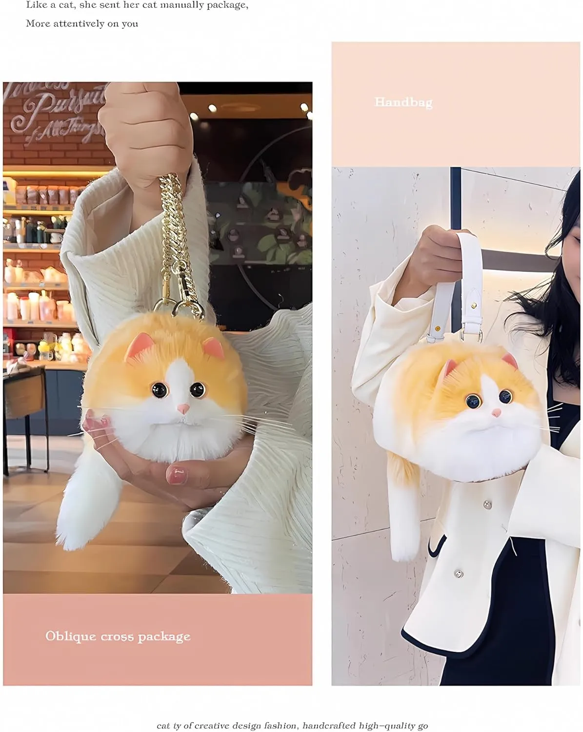 HUIJUFU Realistic Puffy Plush Cat Shaped Crossbody Handbag for Women