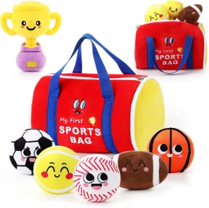 HyDren 7 Pcs My First Sports Bag Stuffed Plush Toys Playset, Bulit-in Bell Baby Sports Balls and Trophy for Toddler 1-3 and Up, Baby Gift Throwing Toys for Boys and Girls Early Education