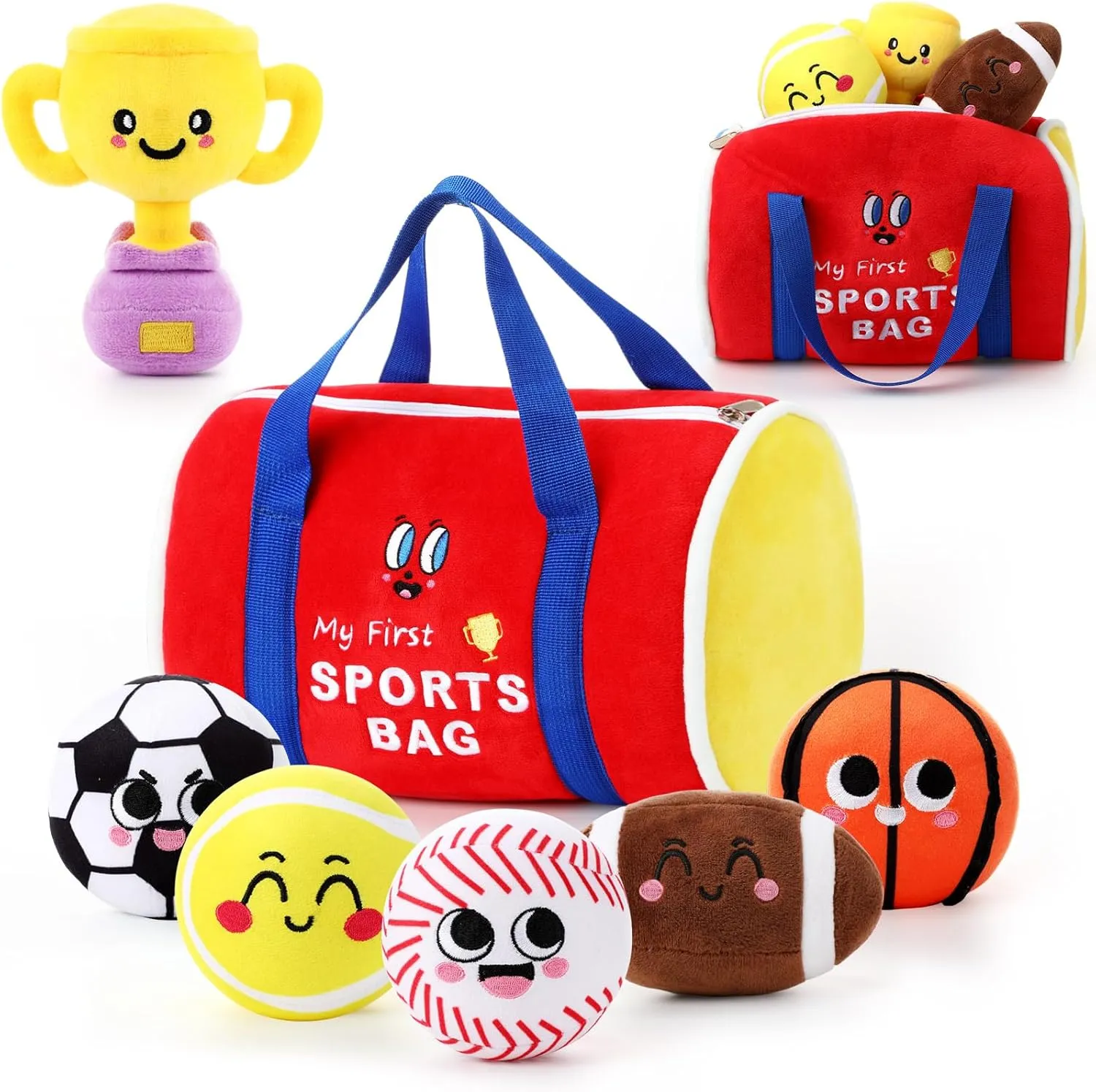 HyDren 7 Pcs My First Sports Bag Stuffed Plush Toys Playset, Bulit-in Bell Baby Sports Balls and Trophy for Toddler 1-3 and Up, Baby Gift Throwing Toys for Boys and Girls Early Education
