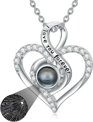 I love you in 100 languages Projection Heart Necklace I Love You Forever Solid 10k/14k/18k Gold Infinity Love Memorial Birthday for Couples