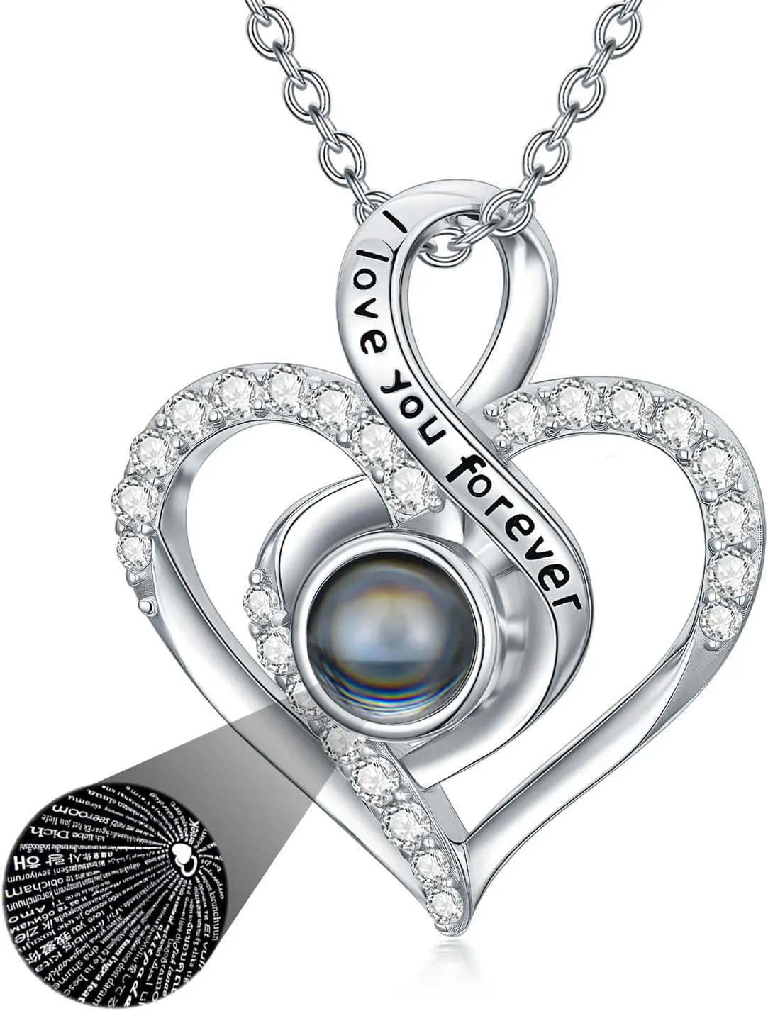 I love you in 100 languages Projection Heart Necklace I Love You Forever Solid 10k/14k/18k Gold Infinity Love Memorial Birthday for Couples