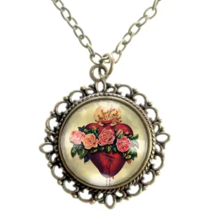 Immaculate Heart of Mary Glass Cabochon Pendant Necklace With 18" Chain