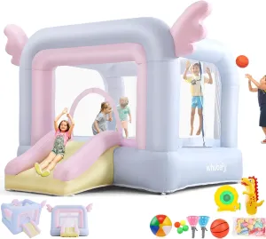 Inflatable Bounce House for Kids Toddlers All-in-ONE w/Macaron Balloons, Catch Ball Set, Punching Bag, Beachball, Basketball, 106 x 85 x 80 Jump Castle with Slide & Basketball Hoop for Indoor/Outdoor