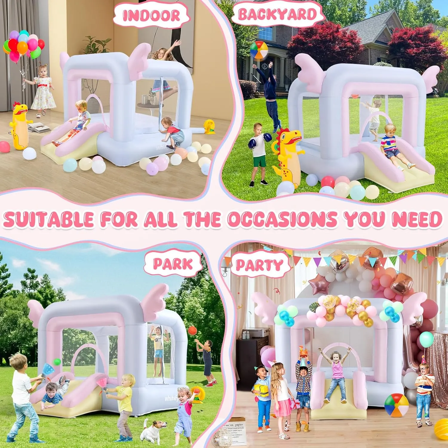 Inflatable Bounce House for Kids Toddlers All-in-ONE w/Macaron Balloons, Catch Ball Set, Punching Bag, Beachball, Basketball, 106 x 85 x 80 Jump Castle with Slide & Basketball Hoop for Indoor/Outdoor