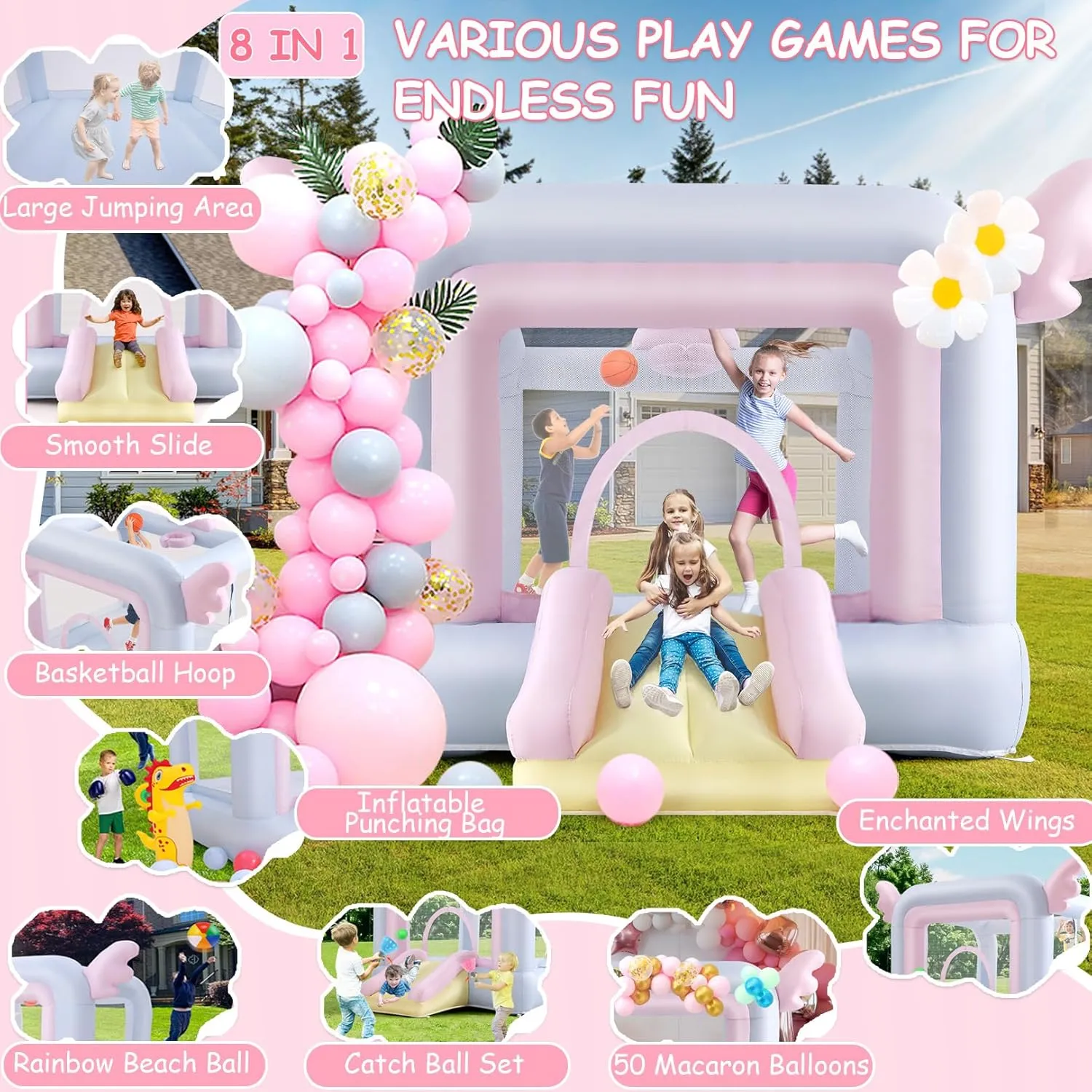 Inflatable Bounce House for Kids Toddlers All-in-ONE w/Macaron Balloons, Catch Ball Set, Punching Bag, Beachball, Basketball, 106 x 85 x 80 Jump Castle with Slide & Basketball Hoop for Indoor/Outdoor