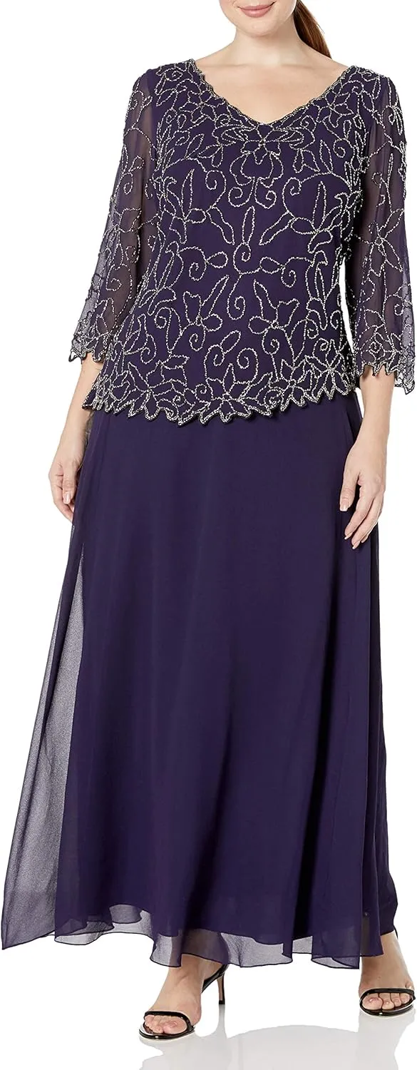 J Kara Plus Size Womens V-Neck with 3/4 Sleeve Long Dress
