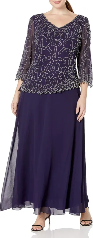 J Kara Plus Size Womens V-Neck with 3/4 Sleeve Long Dress