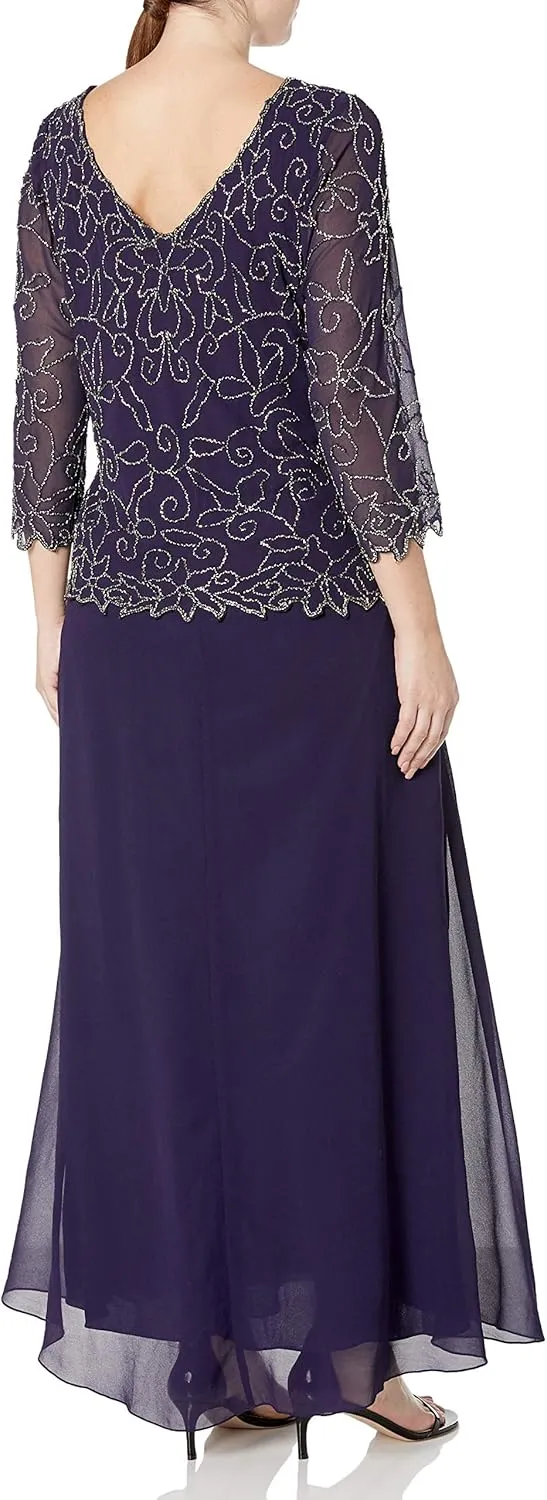 J Kara Plus Size Womens V-Neck with 3/4 Sleeve Long Dress