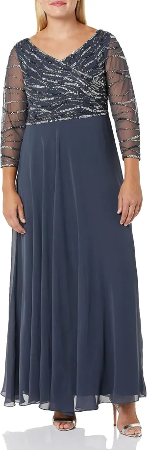J Kara Women's 3/4 Sleeve Beaded Gown