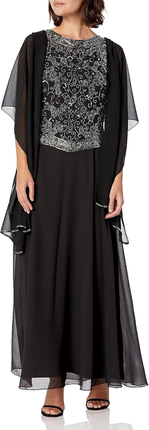 J Kara Women's Petite Embellished Top Mock 2 Piece Dress with Scarf