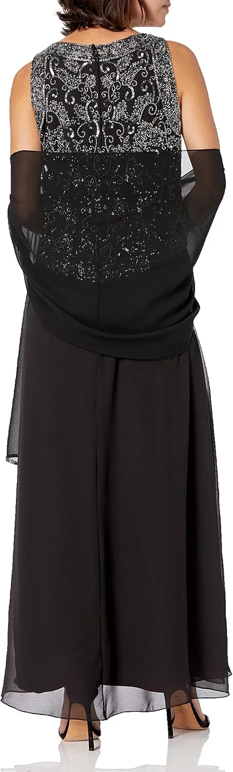 J Kara Women's Petite Embellished Top Mock 2 Piece Dress with Scarf